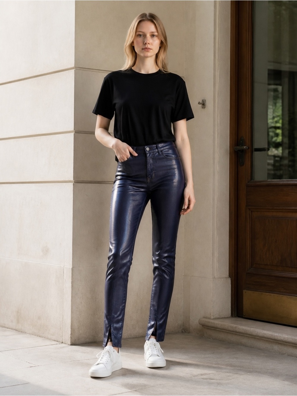 L'AGENCE Navy Faux Leather High-Rise Pants